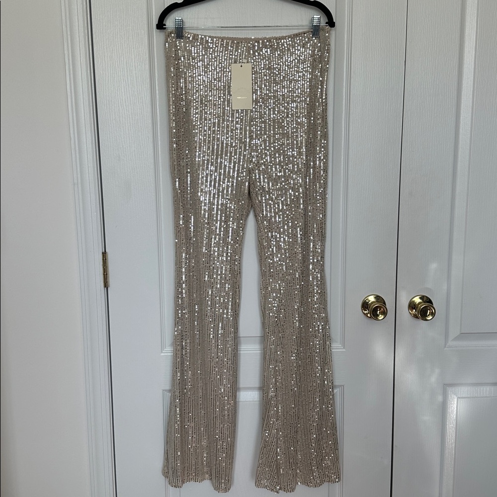 Sequin Flare Pants in beige and gold